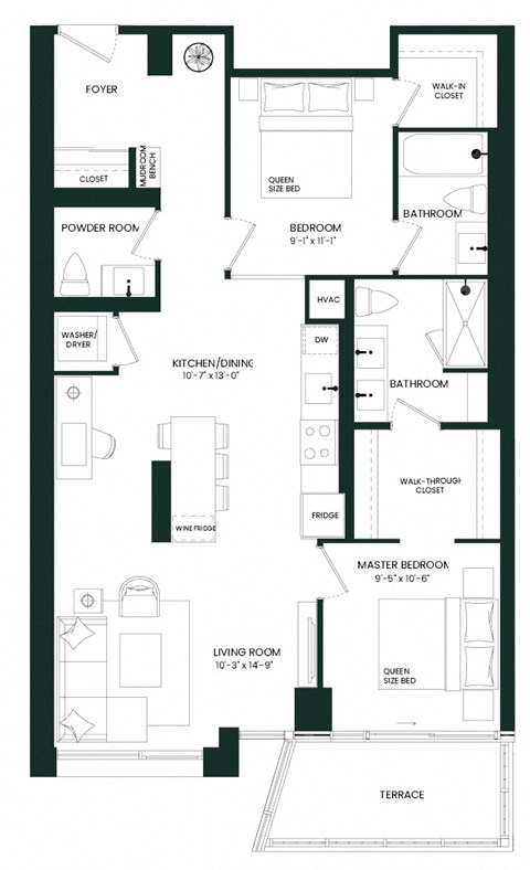 Floor plan for 2 beds, 2 baths, 1085 sqft